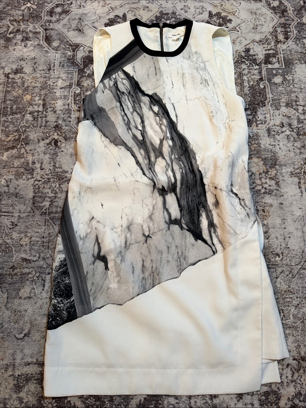 Helmut Lang White Marble-Print Sleeveless Shift Dress
